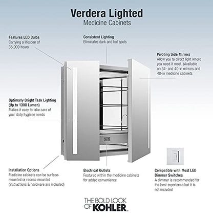 Kohler 99009-TLC-NA Verdera, Medicine Cabinet Mirror with Lights, Recessed or Surface Mount Bathroom, 34 in. W x 30 in. H - size: 34" W x 30"H, style: Lighted