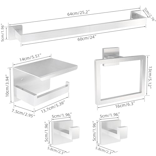 5-Pieces Bathroom Hardware Accessories Set, 24 Inch Stainless Steel Towel Racks for Bathroom, Towel Bar Set Towel Ring Coat Hook and Toilet Paper Holder with Shelf Wall Mounted, Brushed Silver - color: Silver