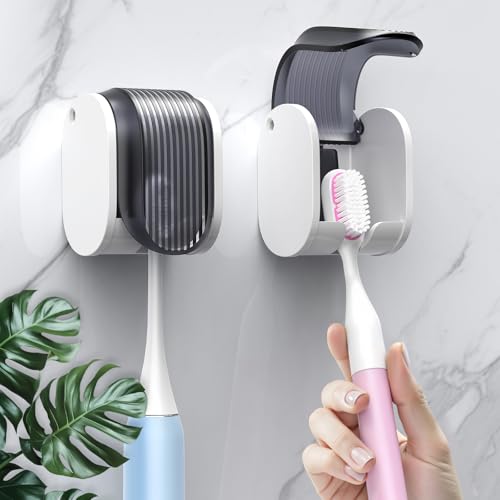 2 Pcs Toothbrush Holders Wall Mounted, Single Slot Design, Shower Self Adhesive Wall Mounted Toothbrush Holder with Cover, Waterproof and Dustproof, Suitable for Bathroom, Family, Travel (Grey) - color: 2pcs-grey