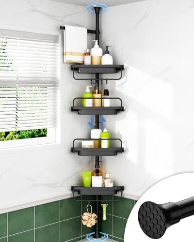 ALLZONE Corner Shower Caddy Tension Pole, Extendable Rustproof Stainless Steel Pole & 4-Tier Adjustable Shelves for Easy Drainage and Built-to-Last Stability, 34 to 116 Inches, Black - color: Black