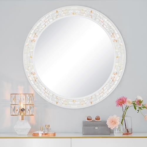 White Round Bathroom Wall Mirror 36 Inch | Natural Mother of Pearl Frame, Tempered Glass, Coastal Beachy Decor for Bedroom, Living Room, Entryway - size: 36"L x 36"W