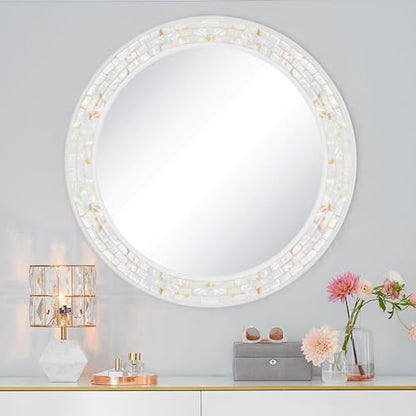 White Round Bathroom Wall Mirror 36 Inch | Natural Mother of Pearl Frame, Tempered Glass, Coastal Beachy Decor for Bedroom, Living Room, Entryway - size: 36"L x 36"W