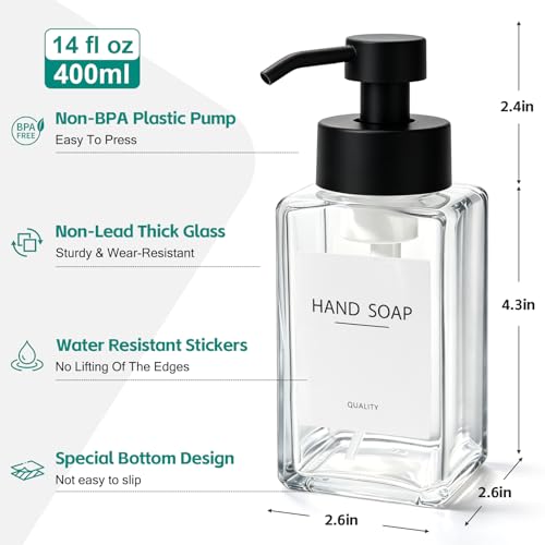 Foaming Soap Dispenser, 12oz/350ml Glass Foaming Hand Soap Dispenser Set, 2Pcs Refillable Foam Soap Dispenser With Foaming Pump, Labels, Square Foam Soap Hand Dispenser For Bathroom, Kitchen - color: Clear Bottle