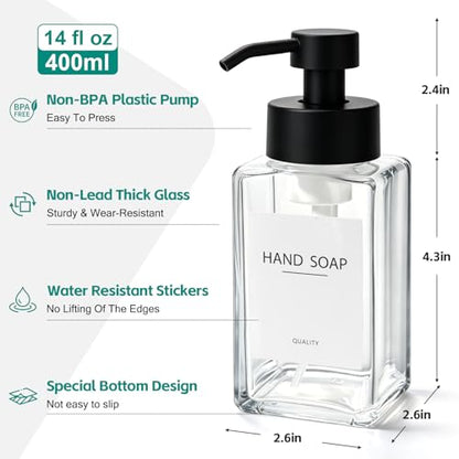 Foaming Soap Dispenser, 12oz/350ml Glass Foaming Hand Soap Dispenser Set, 2Pcs Refillable Foam Soap Dispenser With Foaming Pump, Labels, Square Foam Soap Hand Dispenser For Bathroom, Kitchen - color: Clear Bottle