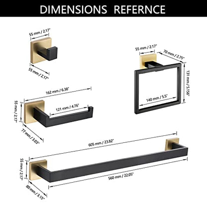 5 Pieces Bathroom Hardware Accessories Set Black and Gold Towel Bar Set,Wall Mounted Stainless Steel,23.6 Inch - color: Gold&black
