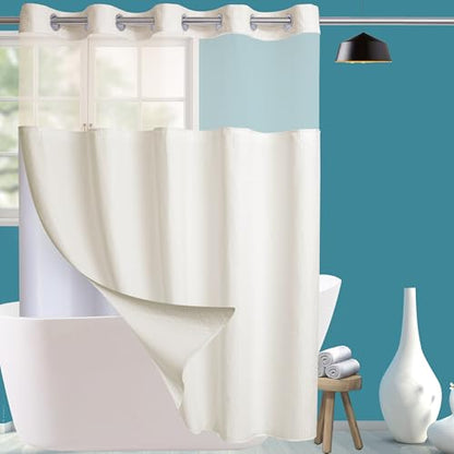 Conbo Mio No Hook Waffle Weave Shower Curtain with Snap in Liner Set, Hotel Luxury Beige Shower Curtains for Bathroom with See Through Top Window, Waterproof, Washable 71W x 74H - color: Waffle-beige, size: 71"W x 74"L (Pack of 1)