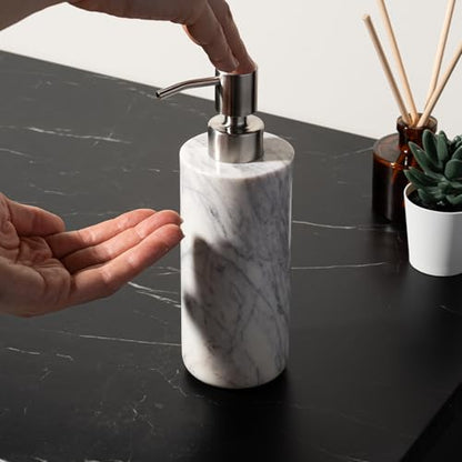 Cork & Mill Marble Bathroom Accessories Set, White Vanity Decor | Solid Natural Stone Soap Dispenser, Toothbrush Holder and Lidded Canister for Qtips, Countertop Set of 3