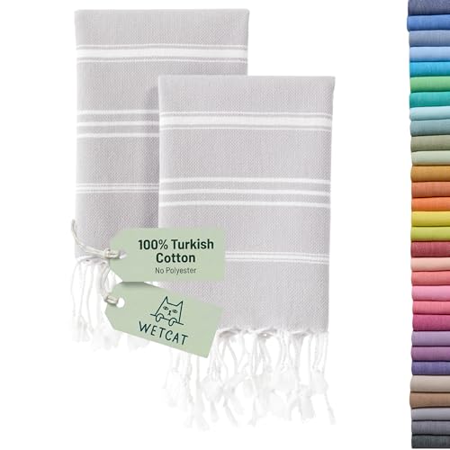 WETCAT Turkish Hand Towels with Hanging Loop, Set of 2 (20" x 30") 100% Turkish Cotton, Pre-Washed, Quick Drying, for Kitchen or Bathroom - Light Grey - color: Light Grey