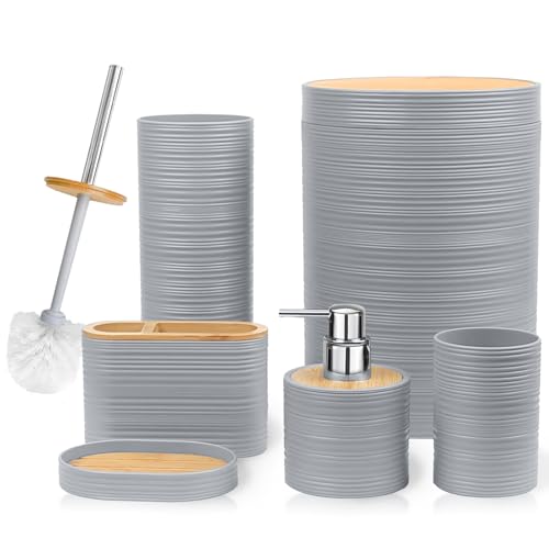 CERBIOR Bamboo Bathroom Accessories Set 6 Piece Spiral Bath Ensemble,Grey | Includes Soap Dispenser, Toothbrush Holder, Toothbrush Cup, Soap Dish for Decorative Countertop and Housewarming Gift - style: Grey