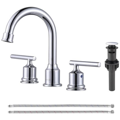 WOWOW Chrome Bathroom Faucet Widespread Bathroom Sink Faucet 3 Hole Vanity Faucet 8 Inch Brass Basin Faucet 2 Handle Tall Bathroom Tap with Drain and Hoses - color: Chrome, size: Widespread