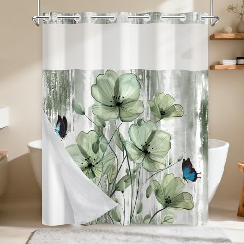 No Hook Shower Curtain with Snap-in Liner, Floral Waterproof Shower Curtains for Bathroom Decor, Machine Washable Bathroom Shower Curtain with See Through Top Window, 71 x 74 Inch - color: Sage Green Flowers