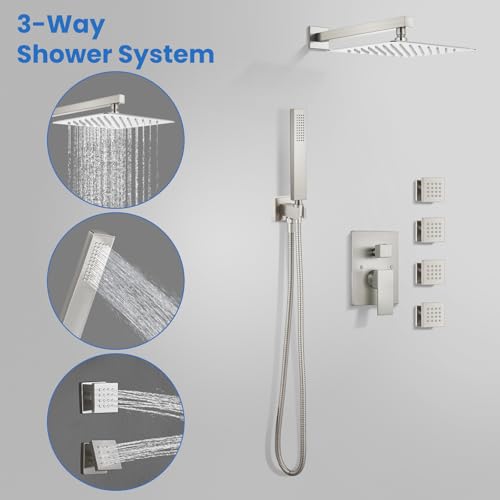 gotonovo Rainfall Shower System with Full Body Jets 4pcs Brushed Nickel | 12’’ Rainfall Shower Head with Handheld Spray Combo,Wall Mount,Rough-in Valve and Trim Kit,Brass Body Message Jets,All Metal - color: Nickel
