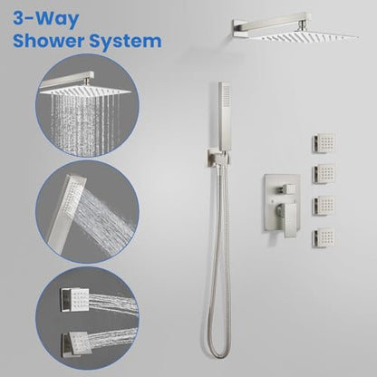 gotonovo Rainfall Shower System with Full Body Jets 4pcs Brushed Nickel | 12’’ Rainfall Shower Head with Handheld Spray Combo,Wall Mount,Rough-in Valve and Trim Kit,Brass Body Message Jets,All Metal - color: Nickel