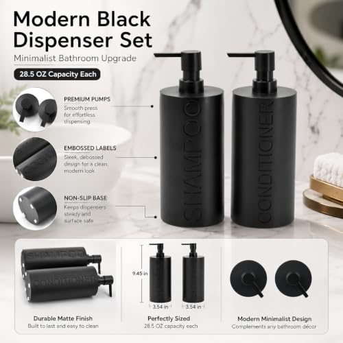 2-Pack Matte Black Resin Refillable Shampoo & Conditioner Bottles – Modern Bathroom Pump Dispenser Set, Durable Resin Shower Containers with Embossed Labels, Reusable Pump Bottle - color: 2pack Black Shampoo and Conditioner Set