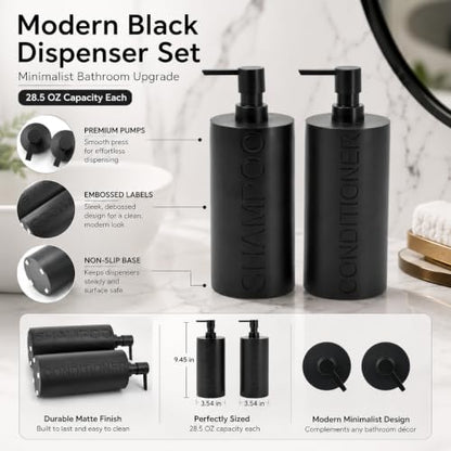 2-Pack Matte Black Resin Refillable Shampoo & Conditioner Bottles – Modern Bathroom Pump Dispenser Set, Durable Resin Shower Containers with Embossed Labels, Reusable Pump Bottle - color: 2pack Black Shampoo and Conditioner Set