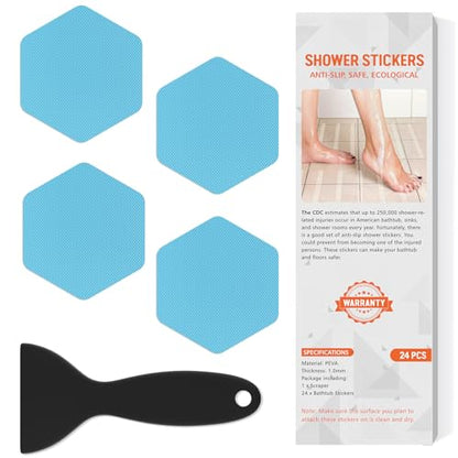 Non Slip Bathtub Stickers, Shower Stickers for Safety Bathroom Tubs, Bathtub Non Slip Stickers and Adhesive Decals Scraper for Bath Tub, Shower Floor, Stairs, Ladders(Square Shape) (24, Blue) - color: Blue