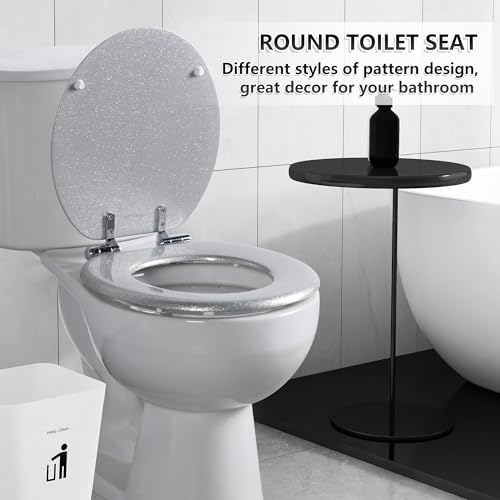 Angol Shiold Glitter Toilet Seat Molded Wood Round Toilet Seat with Quietly Close and Quick Release Hinges, Easy to Clean also Easy to Install (Round 16.5'', Silver) - color: Silver, size: Round 16.5‘’