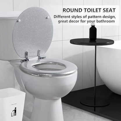 Angol Shiold Glitter Toilet Seat Molded Wood Round Toilet Seat with Quietly Close and Quick Release Hinges, Easy to Clean also Easy to Install (Round 16.5'', Silver) - color: Silver, size: Round 16.5‘’