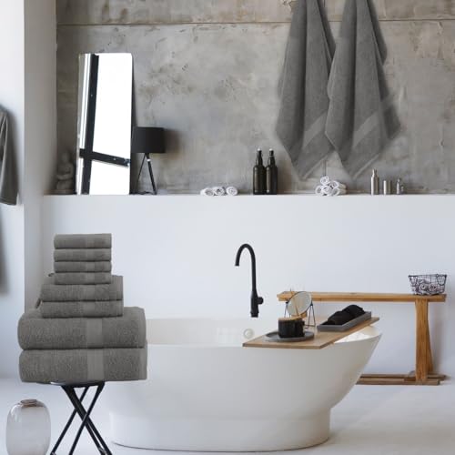 QUBA LINEN Pack of 8 Towels Set, 2 Large Bath Towels, 2 Hand Towels, 4 Wash Cloths, 100% Cotton, Lighter Weight, Quicker to Dry, Super Absorbent, Perfect for Bathroom (Grey) - color: Grey