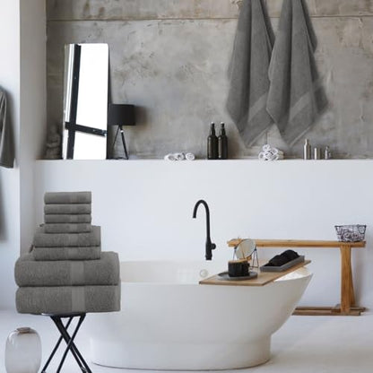 QUBA LINEN Pack of 8 Towels Set, 2 Large Bath Towels, 2 Hand Towels, 4 Wash Cloths, 100% Cotton, Lighter Weight, Quicker to Dry, Super Absorbent, Perfect for Bathroom (Grey) - color: Grey
