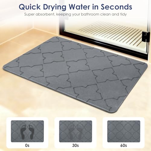 Large Stone Bath Mat for Bathroom Floor, Quick Dry Diatomaceous Earth Bath Mat with Non-Slip Back, Super Absorbent Diatomite Stone Mat for Shower, Easy to Clean, Natural(23.6" x 15.7" Dark Grey)