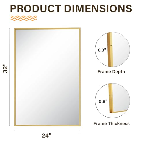 HARRITPURE 24"x32" Rectangle Bathroom Mirror, Gold Vanity Wall Mirror | Aluminum Alloy Frame Wall Mirror, Horizontal or Vertical Wall Mount for Entryway Bedroom Living Room - size: 32"L x 24"W