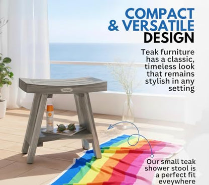 CoastalVogue 18 Inch Waterproof Teak Wood Shower Bench Stool Seat Chair For Inside Shower Provides Safety, Storage, and Organization For Bathroom Accessories Gray
