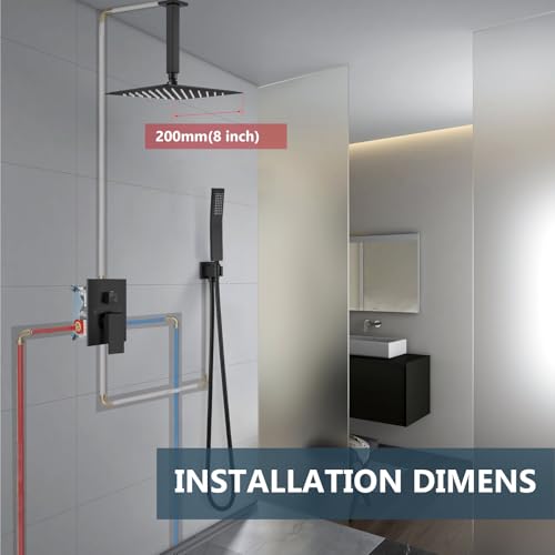 Aolemi Ceiling Shower Faucet with Handheld 8 Inch Head Matte Black | Shower Valve and Trim Kit,SUS304 Rain Head and Handle Set System,All Metal,Bathroom, Handheld Spray - color: Black, size: 8 Inch Ceiling Shower Head