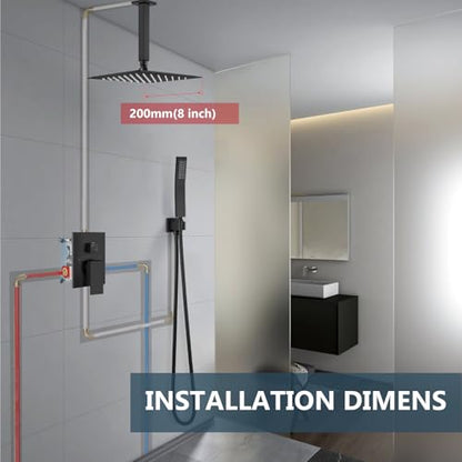 Aolemi Ceiling Shower Faucet with Handheld 8 Inch Head Matte Black | Shower Valve and Trim Kit,SUS304 Rain Head and Handle Set System,All Metal,Bathroom, Handheld Spray - color: Black, size: 8 Inch Ceiling Shower Head