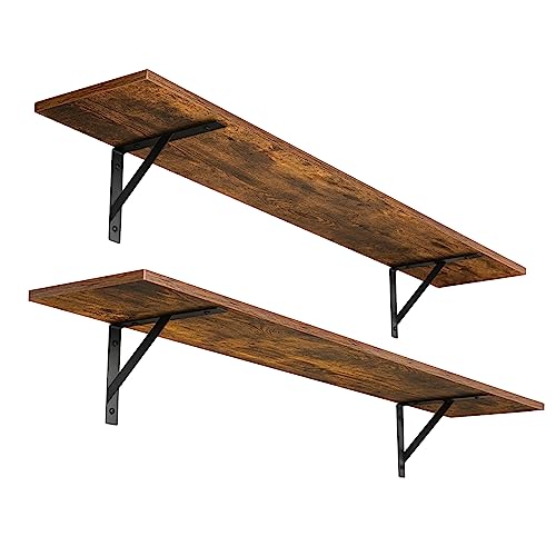 Long Wall Shelves, 47.3Inch Wooden Floating Shelves with Brackets | Large Floating Book Shelf Set of 2, Wall Mounted Storage Ledges, Easy Assembly, Max Load 33lbs, Bathroom/Bedroom Rustic Brown - color: Rustic Brown, size: 47.3 Inch