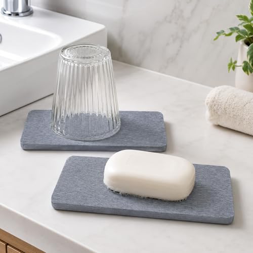 Dish Drying Mat, 2 Pack Water-Absorbent Soap Tray Mat for Bathroom Sink, Washbasin Drying, Non-Slip, Soap Dish for Bathroom, Dark Gray,16X8CM - color: Dark Gray, size: 16X8CM