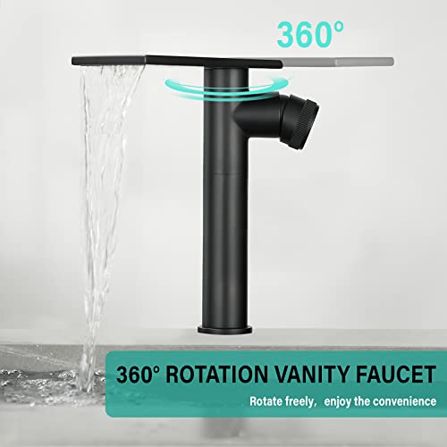 becola Modern Matte Black Bathroom Faucet，Tall Waterfall Faucet for Bathroom Sink，Single Hole Cold and Hot Basin Mixer Tap，Single Handle Vanity Faucet with Adjust Knobs and Two Supply Lines - color: Matte Black, size: Tall