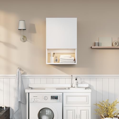 Wall Mounted Storage Cabinet with LED Light, Bathroom Over Toilet Organizer | White Waterproof Cabinets With Adjustable Shelves, Soft Close, For Bathroom Kitchen Medicine Small Spaces, Easy to Assemble - color: White