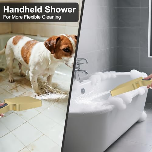 Thermostatic Shower System 13-Inch Rainfall Shower Head - 3 Setting Handheld Sprayer, Complete Bathroom Set with Faucet Mixer Trim Kit & Valve Brushed Gold