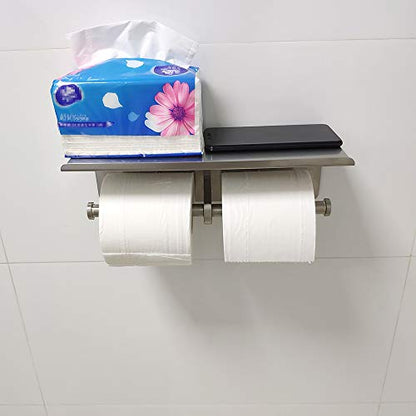 Large Double Toilet Paper Holder with Shelf, GZILA Dual Toilet Paper Rolls Holder Wall Mounted, Bathroom Mobile Phone Storage Rack, Tissue TP Dispenser, SUS304 Stainless Steel Brushed Nickel - color: Brushed Nickel