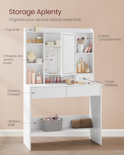 VASAGLE KAILYN Collection - Vanity Desk with Power Outlets, Makeup Vanity with Mirror and Lights, Upholstered Vanity Stool, 6 Compartments, 2 Drawers, for Bedroom, Cloud White URDT031WB02S - style: 35.4"W 2 Drawers Vanity Desk - Cloud White