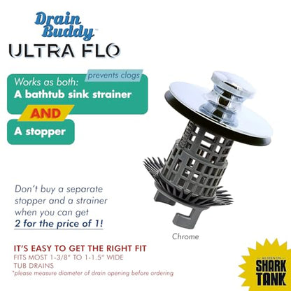 Drain Buddy Ultra Flo No Installation 2 in 1 Clog Preventing Tub Drain Stopper and Hair Catcher for 1 3/8" to 1.5" Bathtubs and Utility Sinks Chrome Metal Cap - color: Chrome