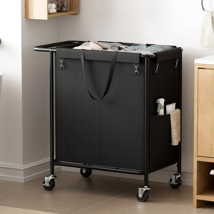 Double Laundry Hamper with Wheels & Lid, 160L Large Rolling Laundry Basket | Chrislley Sturdy Metal Laundry Cart 2 Section with Long Handle and Removable Bags,Dirty Clothes Hamper for Laundry Room,Black - color: Black, size: 160L(27.0"L x 15.4"W x 27.6"H)