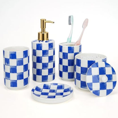 Ceramic Bathroom Soap Dispenser Set, Checkered Bathroom Vanity Set with Lotion Pump, Toothbrush Holder, Soap Dish & Storage Jar, Modern Bathroom Sink Accessories (Blue) - style: Blue