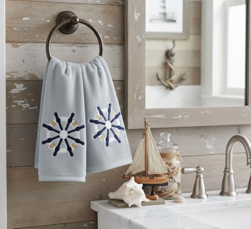 Serafina Home Coastal Nautical Ocean Embroidered Navy White Fingertip Towels, Captains Ship Wheel, Set of 2, 12 x 18 inches, 100% Cotton, - color: Ships Wheel