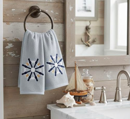 Serafina Home Coastal Nautical Ocean Embroidered Navy White Fingertip Towels, Captains Ship Wheel, Set of 2, 12 x 18 inches, 100% Cotton, - color: Ships Wheel