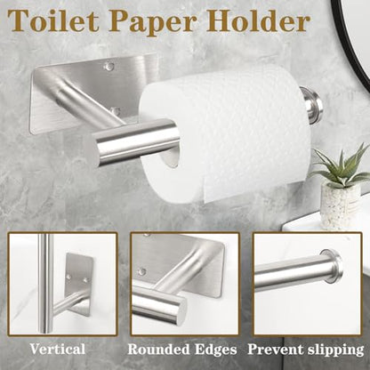 5 PCS Self Adhesive Bathroom Hardware Set,Stainless Steel Towel Rack Set Include 16In Bath Towel Bar+Toilet Paper Holder+3 Towel/Robe Hooks Wall Mounted Bathroom Accessory Kit(Brushed Nickel) - color: Brushed Nickel, size: 16 In-5 Pcs
