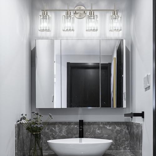 Brushed Nickel Bathroom Light Fixtures, Square, 4-Light | Vanity Lights with Crystal Shades, Modern Bathroom Lighting Fixtures over Mirror (Bulbs Not Included, E26) - color: Brushed Nickel (Square), size: 4-Light