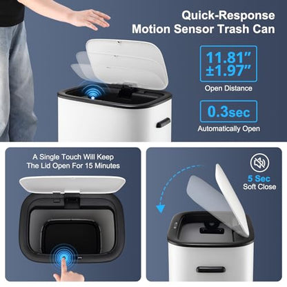 14.5 Gal/55L Trash Can with Lid, Automatic Touchless Garbage Can with Soft-Close Lid & Handle, Stainless Steel Waste Basket Motion Sensor Trash Can for Kitchen, Bathroom,White(No Inner Bucket) - color: White