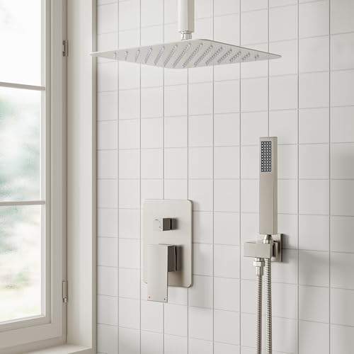 ESNBIA Shower System, 12 Inches Rain Shower Head with Handheld Combo Set, Shower Faucet Set with Valve and Trim, Ceiling Mounted High Pressure Rainfall Dual Shower Head System, Brushed Nickel - color: Brushed Nickel, size: 12 Inch