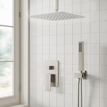ESNBIA Shower System, 12 Inches Rain Shower Head with Handheld Combo Set, Shower Faucet Set with Valve and Trim, Ceiling Mounted High Pressure Rainfall Dual Shower Head System, Brushed Nickel - color: Brushed Nickel, size: 12 Inch