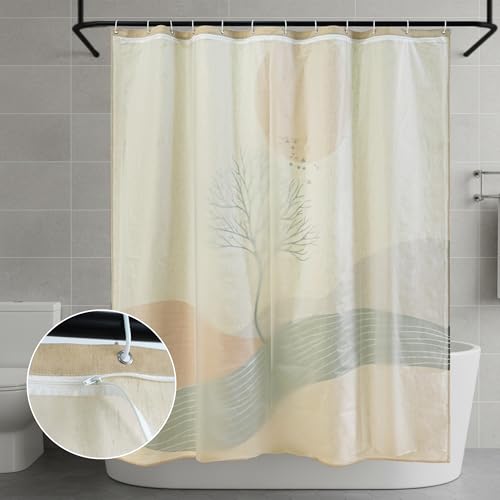 Orange Sun and Green Branch Linen Shower Curtain Set with Liner | Double Layer Shower Curtain Waterproof Fabric with Zippered Removable PEVA Liner,Boho Shower Curtain for Bathroom,Free Hooks - color: Landscape