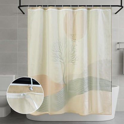Orange Sun and Green Branch Linen Shower Curtain Set with Liner | Double Layer Shower Curtain Waterproof Fabric with Zippered Removable PEVA Liner,Boho Shower Curtain for Bathroom,Free Hooks - color: Landscape