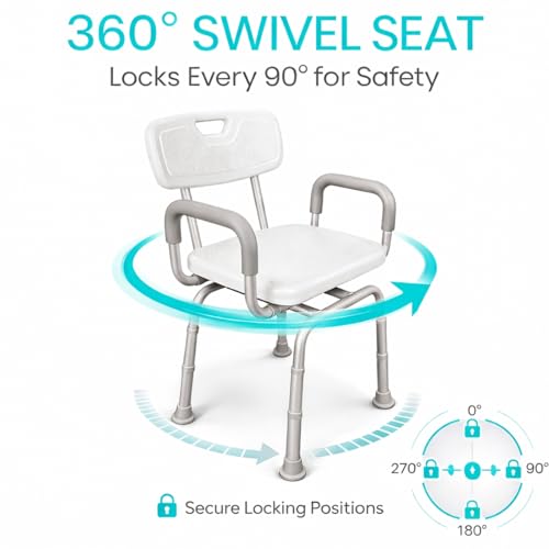 Vive Swivel Shower Chair for Inside Shower - Seat for Elderly, Disabled, Adults, Seniors - 360° Rotating, Narrow & Height Adjustable - Tub Bench Stool for Bathroom Mobility with Removable Back & Arms | Adults, Seniors - 360° Rotating, Narrow & Height Adju
