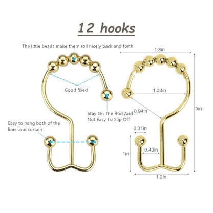 Shower Curtain Hooks Rings, Rust Resistant Metal Double Glide Shower Hooks Rings for Bathroom Shower Rods Curtains, Set of 12 Hooks - Gold - color: Gold